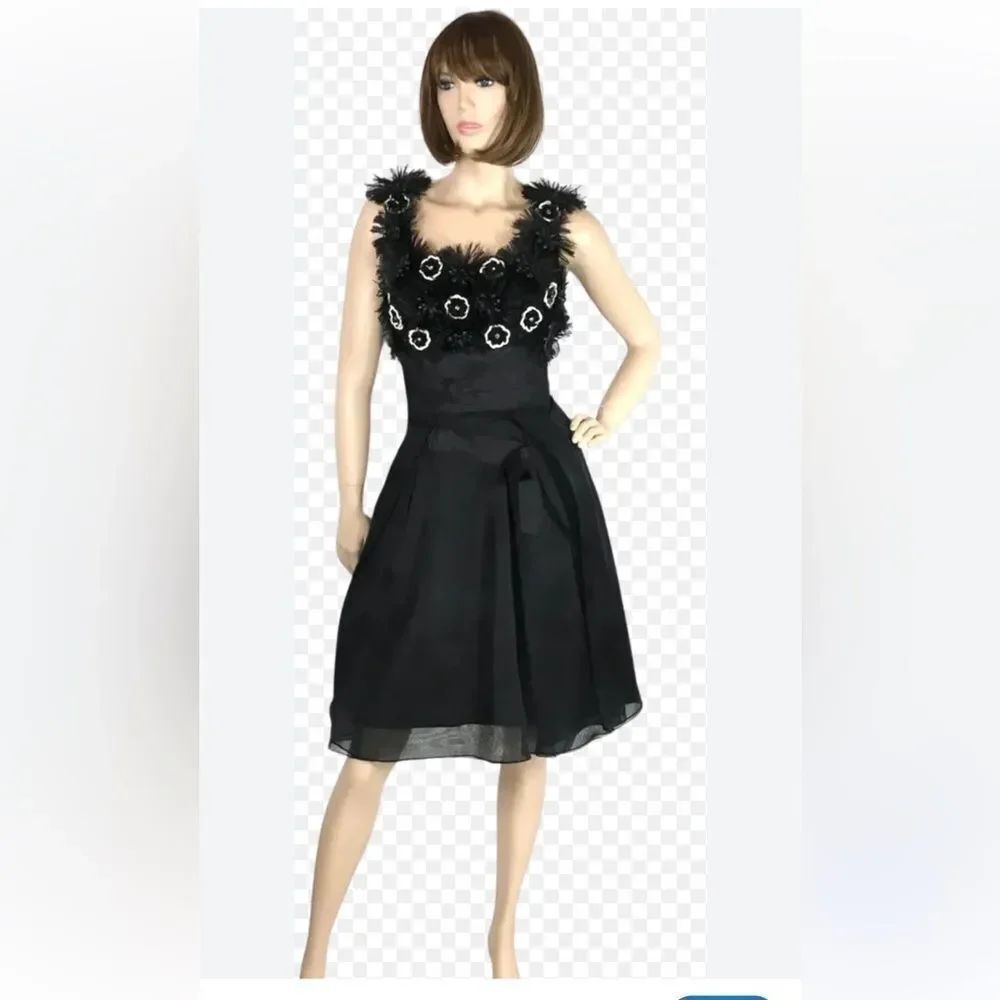 Carolina Herrera Black Silk Leatherette Flower & Feather Applique Midi Dress S